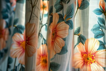 Vibrant floral patterns on curtain create a sunny garden ambiance