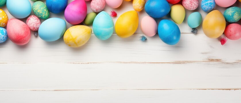 Diverse easter eggs painted in vibrant hues displayed on a rustic white wooden surface