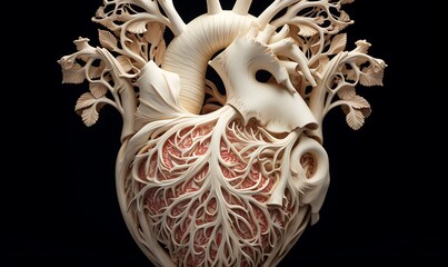 Detailed bone carving of a human heart, 3D digital art. Generative Ai

