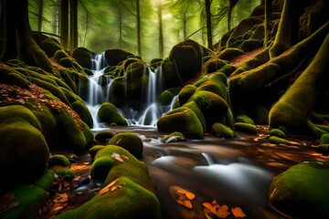 A hidden waterfall cascading down moss-covered rocks in a secluded Bavarian forest.