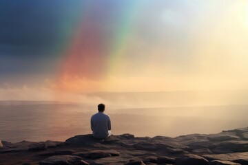 man sit on a cliff with beautiful rainbow view by the sea