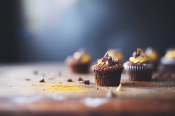 chocolate cupcakes with a bite taken out - obrazy, fototapety, plakaty