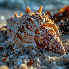 Spiny Seashell on Sandy Beach at Dusk