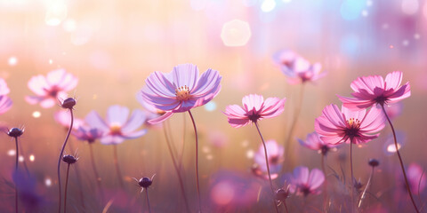 soft focus poppy flowers with bokeh glow light, beautiful wildflower blossom field landscape.