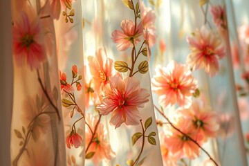 Curtain blossoms with intricate floral patterns under the warm sunlight