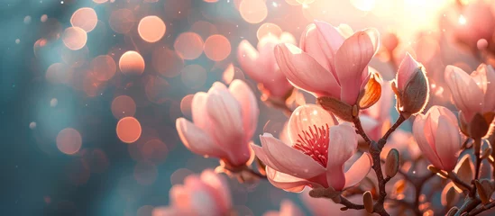 Gordijnen soft focus magnolia flowers with bokeh glitter glow light, beautiful wildflower blossom landscape, Generative Ai © SAHURI