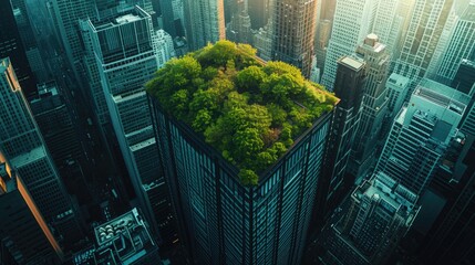 Extreme Angle Shot of a Skyscraper's Green Rooftop Garden, merging urban architecture with nature.