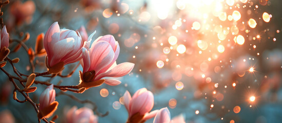 soft focus magnolia flowers with bokeh glitter glow light, beautiful wildflower blossom landscape,...