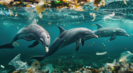 Obraz premium Dolphins in a polluted ocean. Ecology concept, pollution.