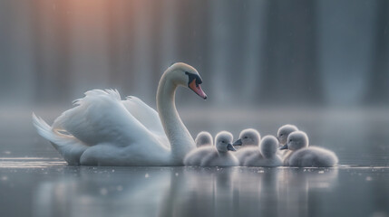 Motherly Grace: A Swan with Her Cygnets Gliding Serenely Across the Lake, a Tender Moment in Nature's Cradle.