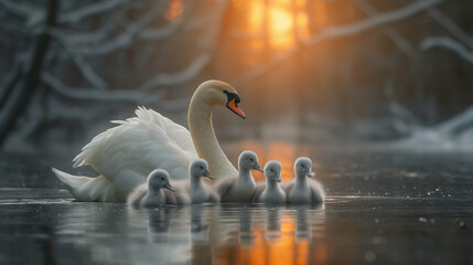 Motherly Grace: A Swan with Her Cygnets Gliding Serenely Across the Lake, a Tender Moment in Nature's Cradle.