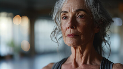 elderly gray-haired woman in sportswear at a yoga class, meditation, healthy lifestyle, old age, portrait, lady, sport, training, activity, wellness, hatha, Iyengar, mature person