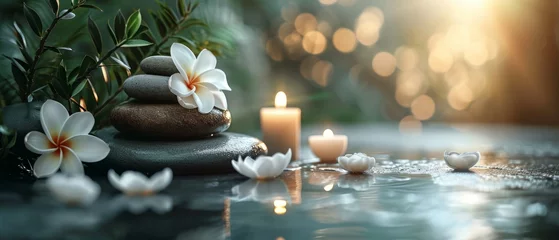 Crédence de cuisine en verre imprimé Spa Spa treatments, massages, and calming spa environments supplies zen stones and water spa of deep relaxation and tranquility and with space for text concepts. spa background