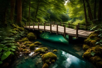 Obraz premium A wooden bridge spanning a crystal-clear stream surrounded by dense foliage in the heart of Bavaria.