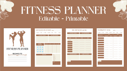 Vector fitness planner page templates. Strength training, cardio and yoga workouts, diet planners and calorie counting. Simple design.