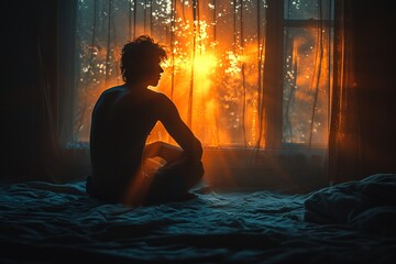 silhouette of man sitting outside of bed, in the style of photorealistic pastiche, mysterious backdrops, emotional and intense, photo-realistic hyperbole, nightmare, pensive poses