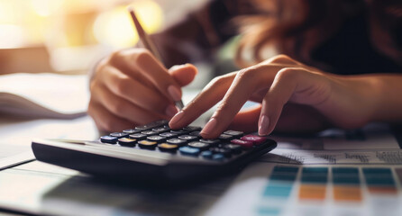 Close-up of a woman's hand using a calculator to calculate finances, working in the office at the table. Finance and economics or business concept.