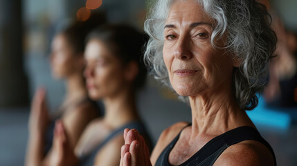 Fototapeta premium elderly gray-haired woman in sportswear at a yoga class, meditation, healthy lifestyle, old age, portrait, lady, sport, training, activity, wellness, hatha, Iyengar, mature person