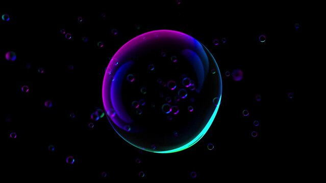 Water bubble element animation. Movement of air bubbles and RGB light on black background. Animation Seamless loop, 3d render.	