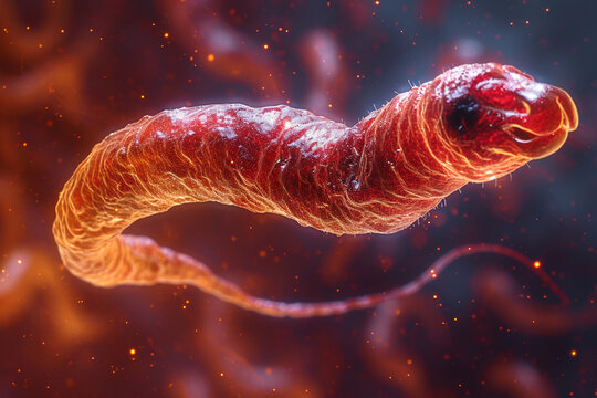 A detailed image of Trypanosoma brucei in a blood sample.