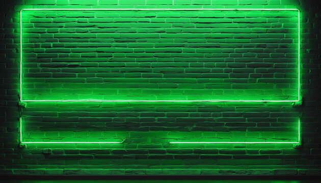 Green neon light illuminating blank brick wall for design with copy space. High-quality free stock photo of empty background with glowing green color on textured wall.