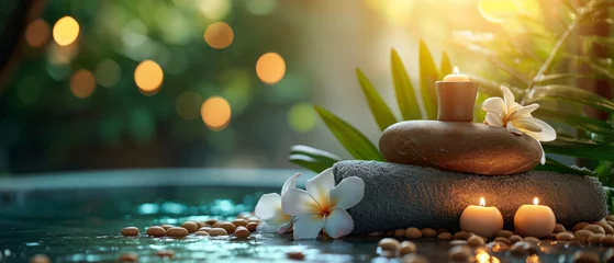 Photo sur Plexiglas Spa Spa treatments, massages, and calming spa environments supplies zen stones and water spa of deep relaxation and tranquility and with space for text concepts. spa background