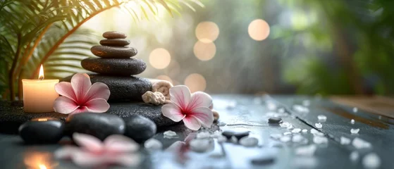 Fotobehang Massagesalon Spa treatments, massages, and calming spa environments supplies zen stones and water spa of deep relaxation and tranquility and with space for text concepts. spa background