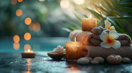 Spa treatments, massages, and calming spa environments supplies zen stones and water spa of deep relaxation and tranquility and with space for text concepts. spa background - obrazy, fototapety, plakaty
