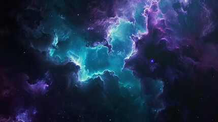 Fototapeta premium Nebula Nexus with Celestial Beings: A convergence of cosmic clouds and celestial bodies in nebulaic shades of teal and violet, featuring celestial beings or portraits of people