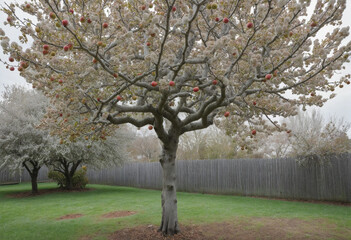 Fototapeta premium Pruning and painting fruit trees in the autumn garden