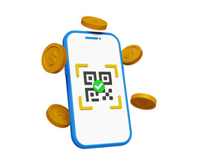 3D QR scanning payment concept. NFC technology. Digital transaction, pay money or online payment, online shopping concept. 3D smartphone with QR code and floating coins. 3d illustration