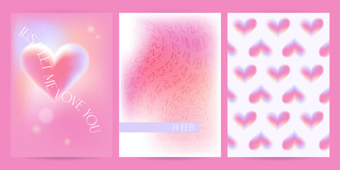 Modern y2k design Valentine's Day party invitation and poster set. Trendy aesthetic minimalist vector illustrations with aura hearts, abstract blurry shapes, gradient and distorted typography.