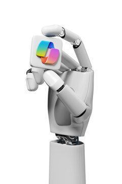 Buenos Aires, Argentina - January 11th, 2024: Robotic hand holding a copilot logo icon isolated on white background. 3d illustration.
