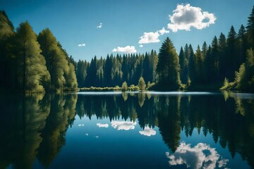 A tranquil Bavarian lake surrounded by dense forests, reflecting the serene blue sky above.