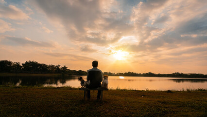 Young man sitting on a bench with his dog looking at the morning sun, back view