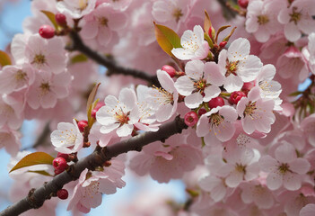 Cherry tree bursting with pink blossoms, delicate clusters of flowers in full bloom.