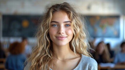 Fototapeta premium teacher in classroom smiling in front of room, stock photo, front view, classroom, school, in the style of beautiful women, high quality, wavy, blurred, representational