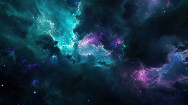 Nebula Nexus with Celestial Beings: A convergence of cosmic clouds and celestial bodies in nebulaic shades of teal and violet, featuring celestial beings or portraits of people