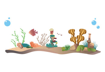 Sea world of colorful set. The cartoon design of this seascape brings imaginative touch to the serene beauty of the ocean, making it a delightful addition to any art collection. Vector illustration.