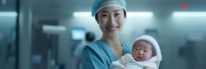 Asian female nurse holds newborn baby in hospital. - obrazy, fototapety, plakaty