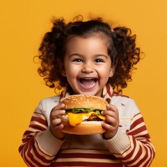 A happy obese child holding a burger in a yellow studio. Portrait of a smiling obese girl eating fast food, on a yellow background. A cheerful overweight kid eats junk food.