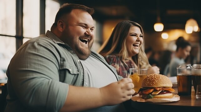 Happy Obese Couple Sitting In A Fast Food Restaurant. Smiling Fat Couple Eating Burgers In A Fast Food Place. Overweight People Happily Eat Junk Food In A Restaurant. Smiling Fat Couple.