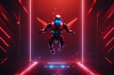 Medium AI robot with red hologram background in dark sound