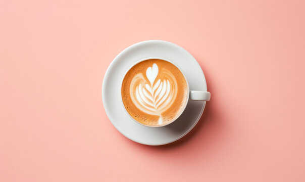 latte art coffee in white cup, top view with copy space 