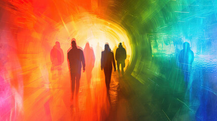 Prismatic Portal with Transparent People: A portal-like design with prismatic effects and rainbow colors, featuring transparent portraits of people within the portal, giving the illusion of a passage  - obrazy, fototapety, plakaty