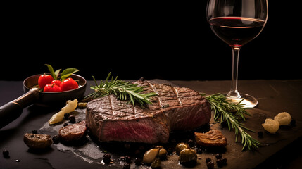 A delicious steak sits on a wooden cutting board with a glass of delicious red wine.