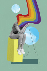 Creative abstract template collage of rainbow flag dreaming dating like instead head thinking...