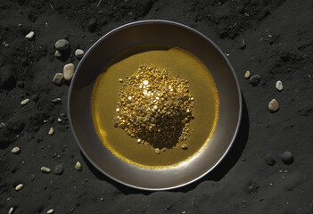 searching for gold nuggets by sifting through sand and gravel. Gold gleaming on a golden pan. Deliberate use of dim lighting and blurred background for dramatic effect.