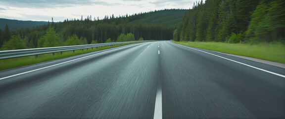 High-speed travel on a deserted country road with lush green trees in summer - obrazy, fototapety, plakaty