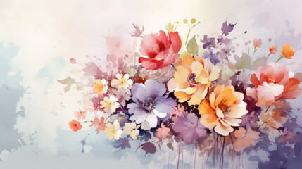 Obraz na płótnie Canvas watercolor style illustration of flower bouquet blossom, background wallpaper, color splash technique texture. Generative Ai